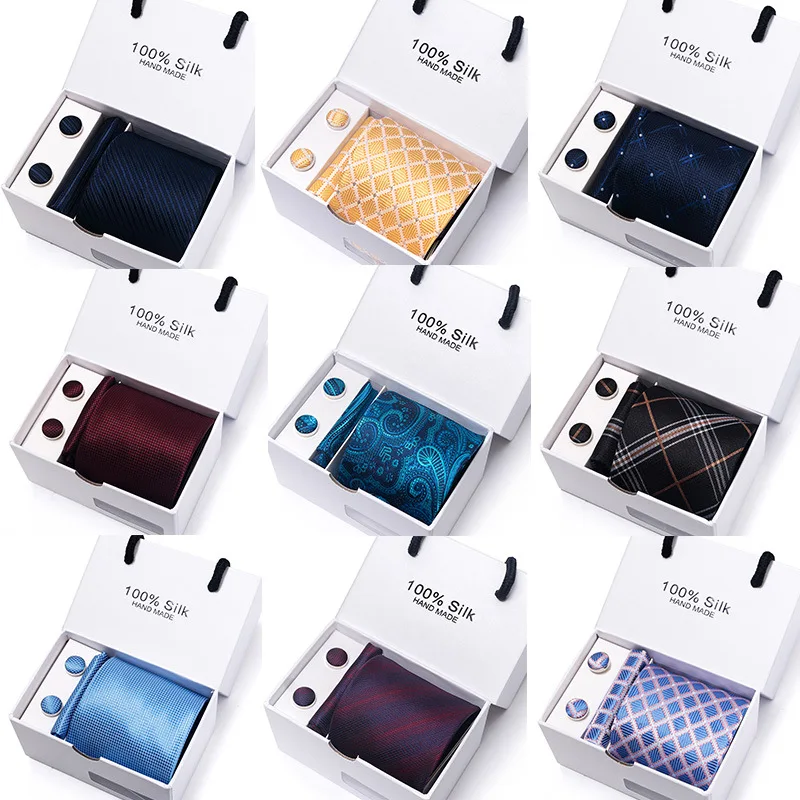 New Trend Professional Manufacturer 100% Pure Silk Mens Tie and Pocket Square and Necktie Tie  Cufflinks Gift Set