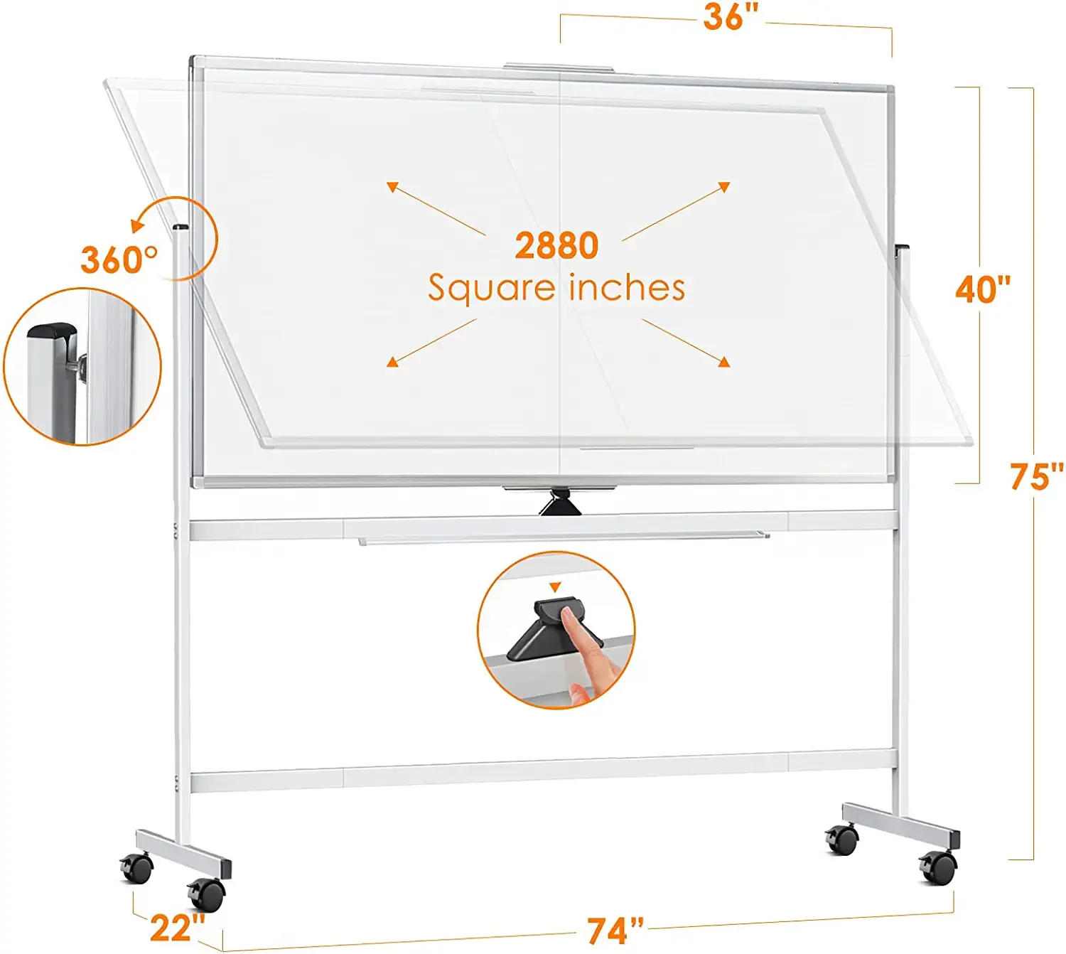 72 x 40 Double Sided Rolling Whiteboard, Mobile Whiteboard Magnetic White Board - Large Reversible Dry Erase Board Easel