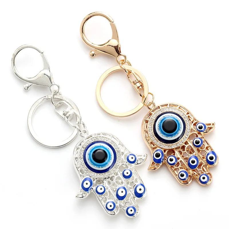 Fashion Turkish Style Jewelry Gift Hollow Evil Eyes Hand Key Chain Real Gold Plated Blue Devil Eyes Palm Keychain
