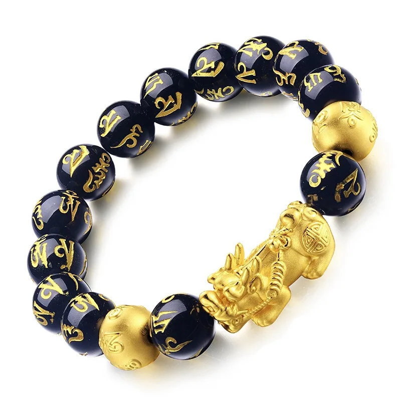 New Good Luck Wealth Jewelry Black Obsidian Beads PiXiu Bracelet Six Words Feng Shui Prosperity PiXiu Bracelet Amulet for Men