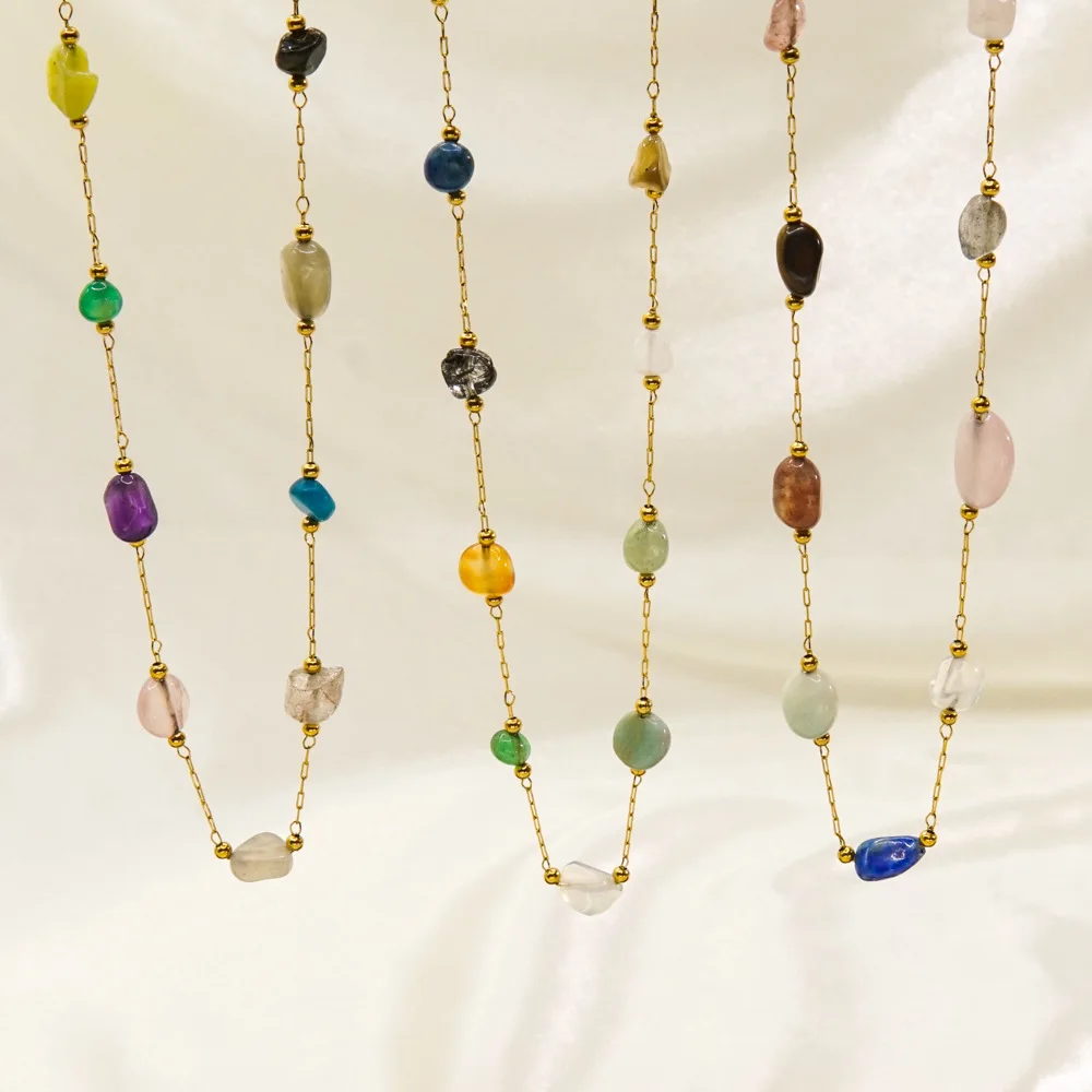 NUORO INS Style Trendy Stainless Steel Crystal Stone Necklace Jewelry Personality Colorful Natural Stones Beaded Choker Necklace