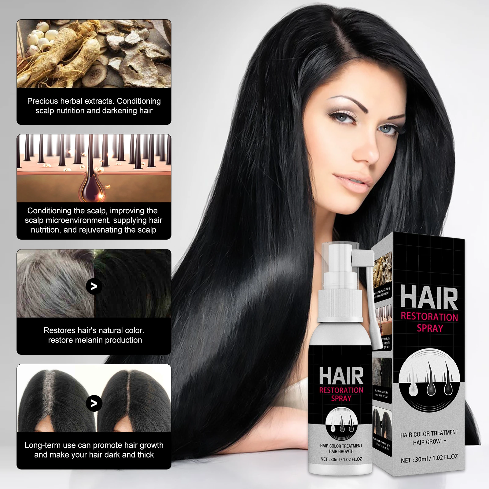 private label organic herbal serum hair growth turns white hair into black hair dye color spray