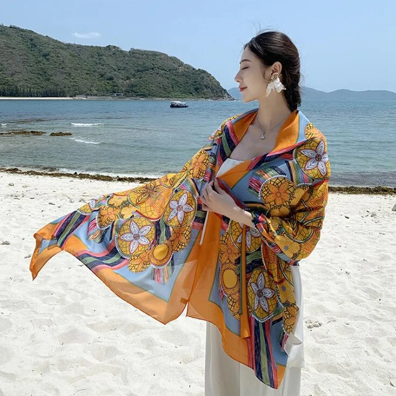 wholesale floral printing cotton silk scarf big size sunshade shawls scarf women fashion tencel cotton wraps
