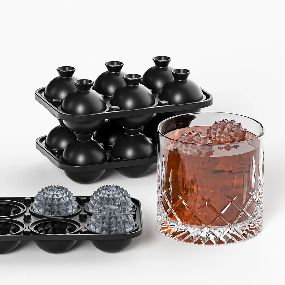 New Set of 2  Prism Crystal Ice Cube Tray And  Large Sphere Silicone Round Ice Mold With Funnel-type Lid