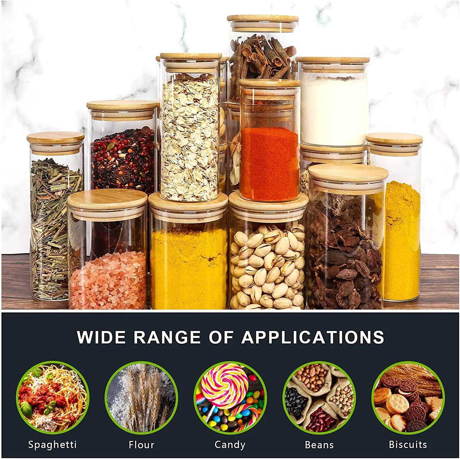 Wholesale Kitchen Borosilicate Glass Airtight Food Storage Container with Bamboo Wood Lid Round Clear Glass Jar Pantry Organizer