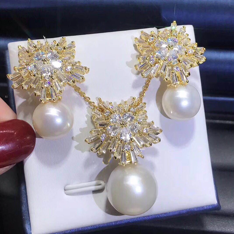 DIY accessories Thick gold-plated micro-inset zircon Snowflake Pearl Earrings Pendant necklace two-piece set earrings fashion ea