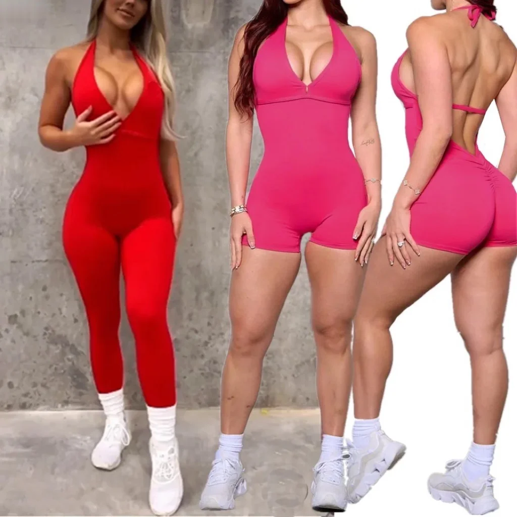Stylish Sexy Deep V Neck Yoga Shorts and Leggings Gym Jumpsuits for Women, One Piece Leisure Halter Neck Romper Fitness Clothes
