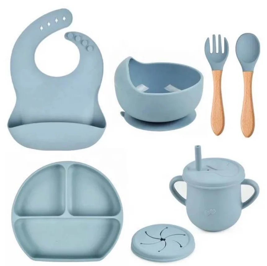 Custom Silicone Baby Feeding Sets BPA Free OEM ODM Manufacturer Suction Baby Bib Bowl Spoon Divided Dinner Plate Silicone Plate