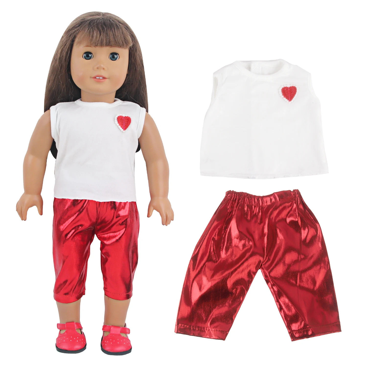Misu Hot Sale New Style 18 Inch Doll Clothes Love heart white sleeveless top and red pants for girls