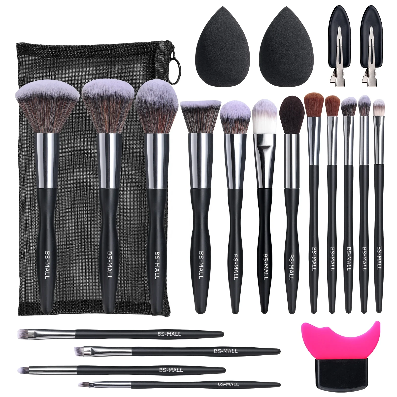 BS-MALL 2024 New Make Up Tools Set Soft Makeup Sponge Blender Hair Clips 16PCS Black Custom Logo Makeup Brushes Bag Set
