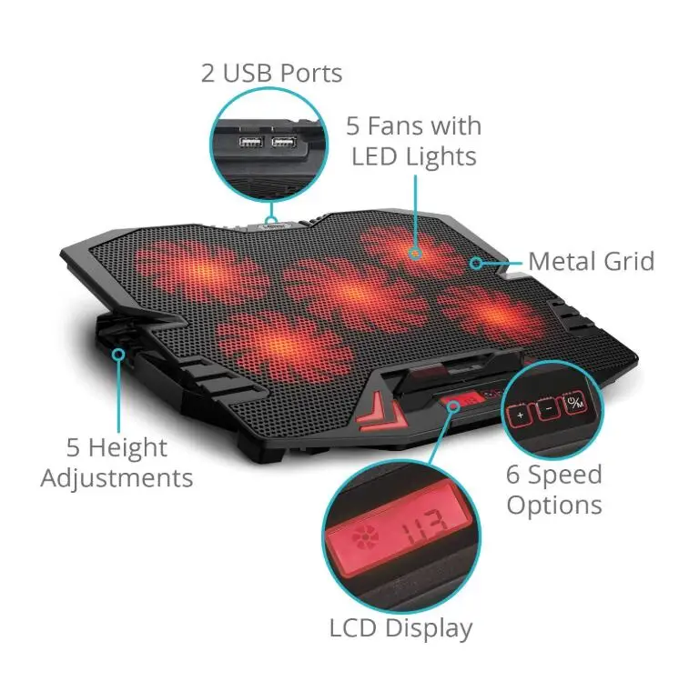 Laptop Cooler Fan Adjustable Folding Dual USB Notebook Cooler Hot Selling 15.6 Inch 5 Fans 125 and 70 Air-cooled Ice COOREL K5