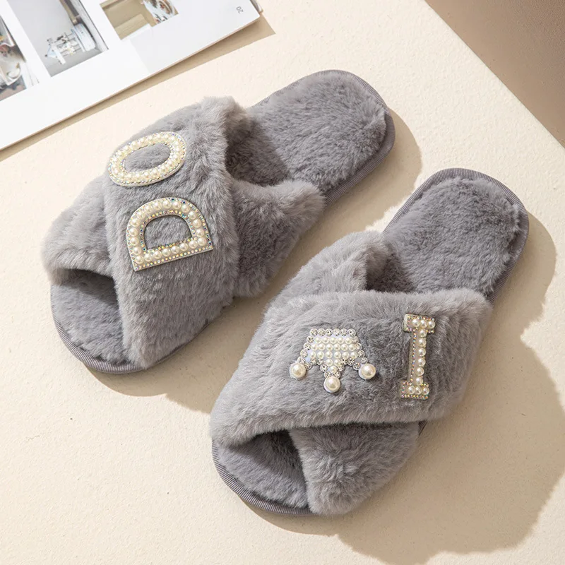 Heart Love Fluffy Fur Slippers Women Warm Open Toe Plush Memory Foam Ido Slide Slippers Home 2023 Winter Indoor Shoes