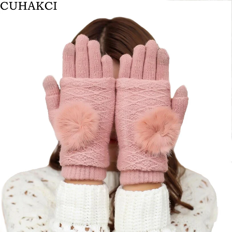Зимние модные милые женские вязаные перчатки, варежки с сенсорным экраном, двухслойные отделяемые мягкие теплые перчатки с кроличьим мехом