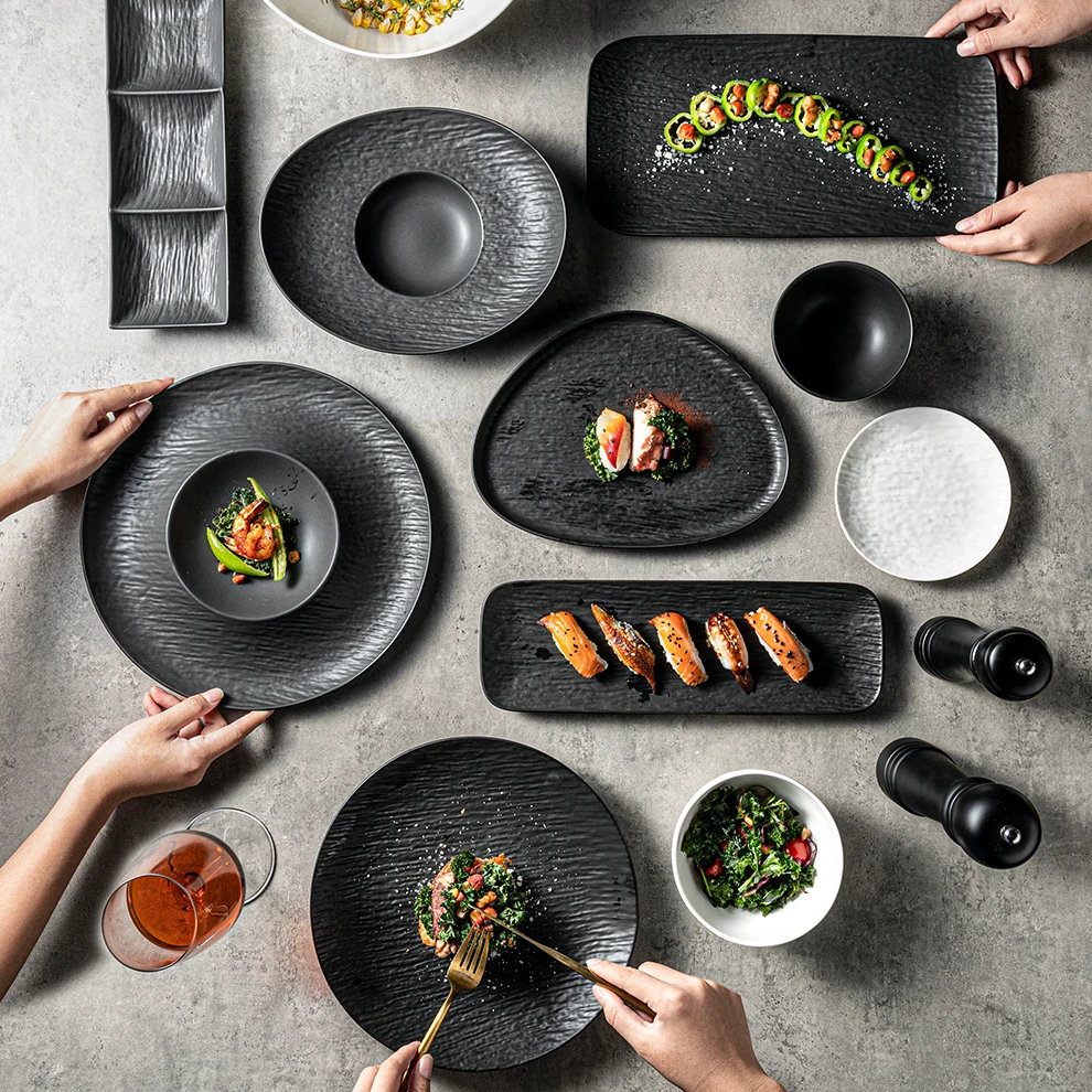 Chef Japan Rock Pratos Hotel  restaurant Japanese Black Ceramic Dinner Plate Dishes Set Crockery Assiette Porcelain Sushi Plate