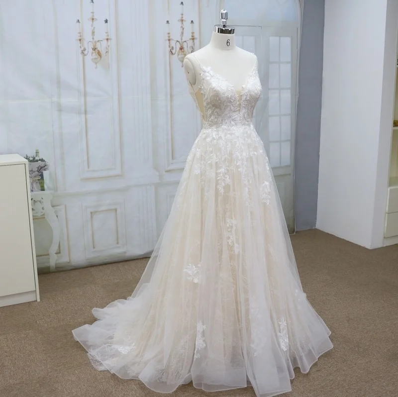 
Elegant Vestido De Renda Lace Long Sleeve Wedding Dress Open Back A Line Bridal Gowns 