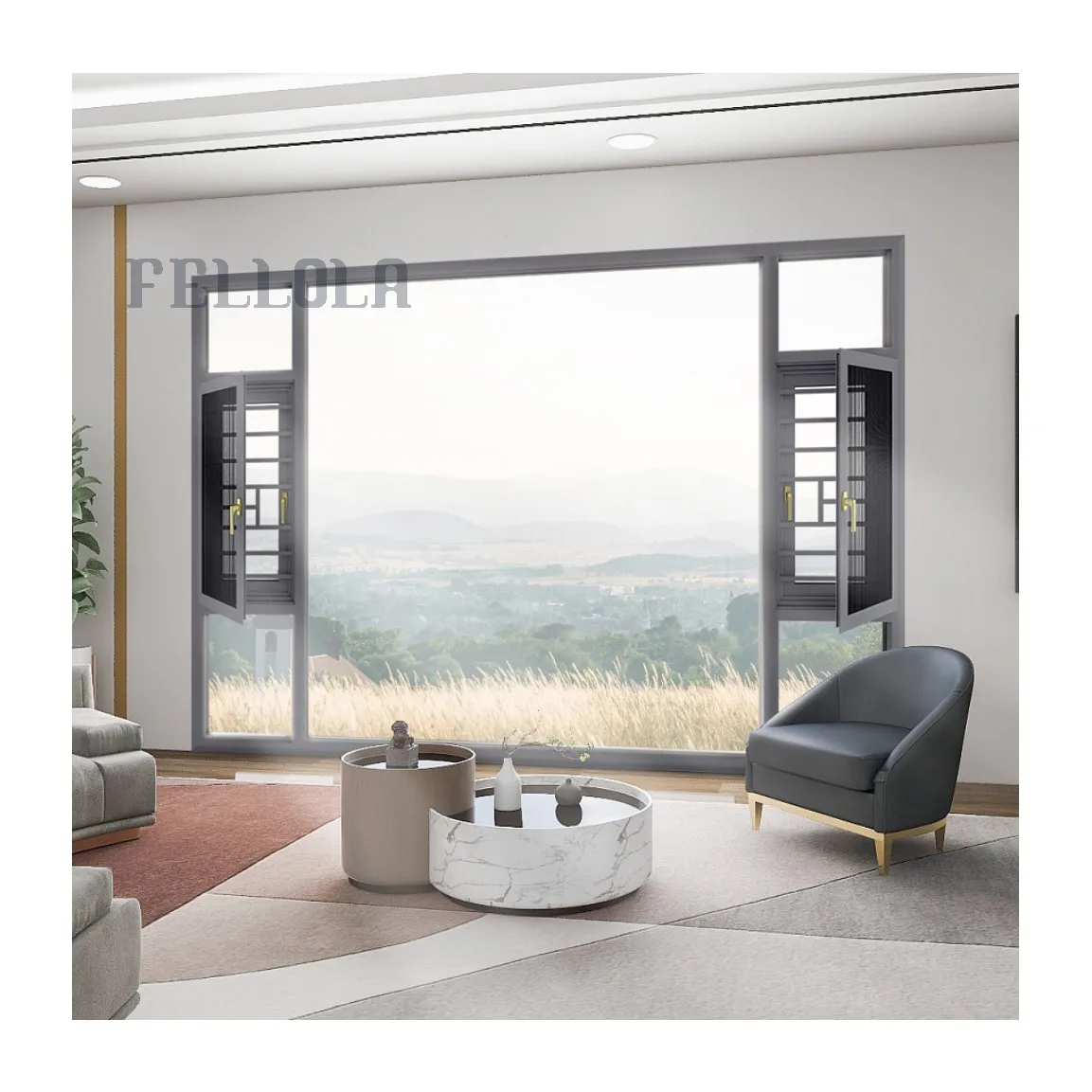 
Fellola Wholesale Metal Grill Push Out Aluminium Doors Casemet Swing Windows for sale With safety fence 