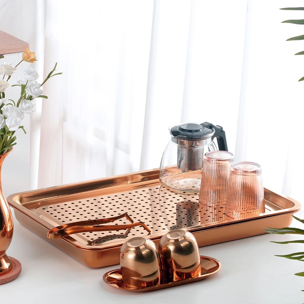 BAISHI Metal Drainage Tray Stainless Steel Rectangular Tea Tray Serving Tray With Holes