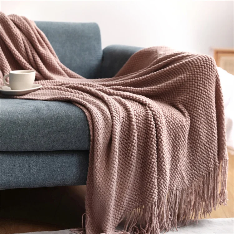 European Style Knitted Tassel Throw Blankets Sofa Blanket Super Soft Solid Color Waffle Blanket for Home Decor