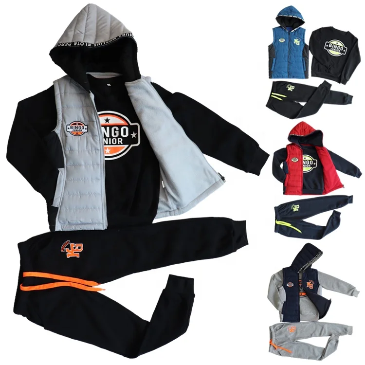 Готов к отправке, минимальный заказ, популярный стиль, три предмета, повседневное удобное хлопковое теплое пальто, жилет, комплект детской одежды для мальчиков с капюшоном