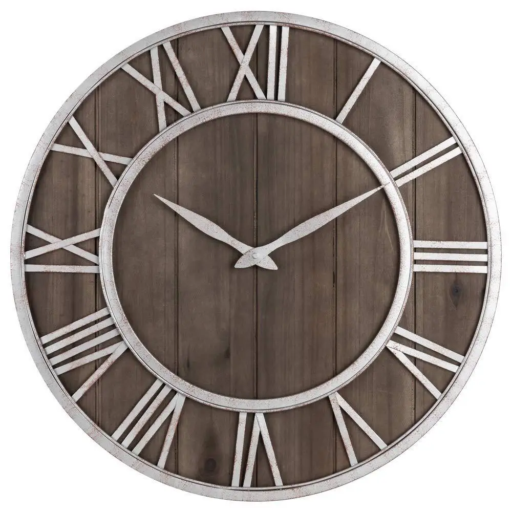American Solid Wood Circular Iron Art Wall Clock Silent Home Antique Style for Dining Room