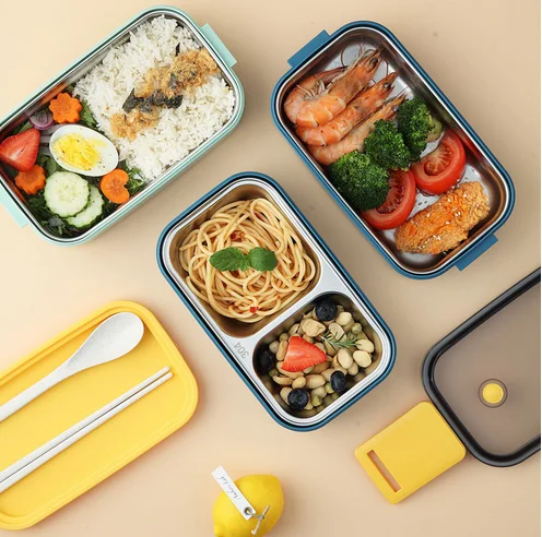 Double Layer Vacuum Adult Eco Friendly Plastic Metal Food Container Tiffin Kids 304 Stainless Steel Bento Lunch Box Set