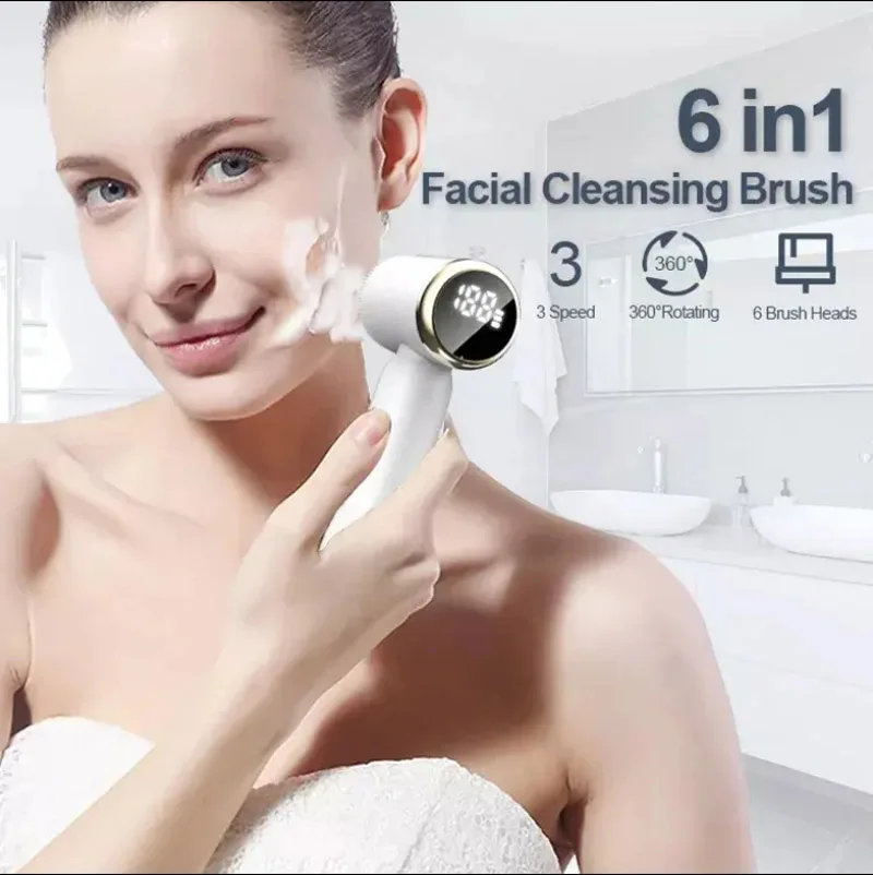 Hot Sell Facial Cleaning Brush Waterproof Pore Cleanser Spin Roller Sonic Massager Silicone Electric Face Brush Cleanser 6 in 1