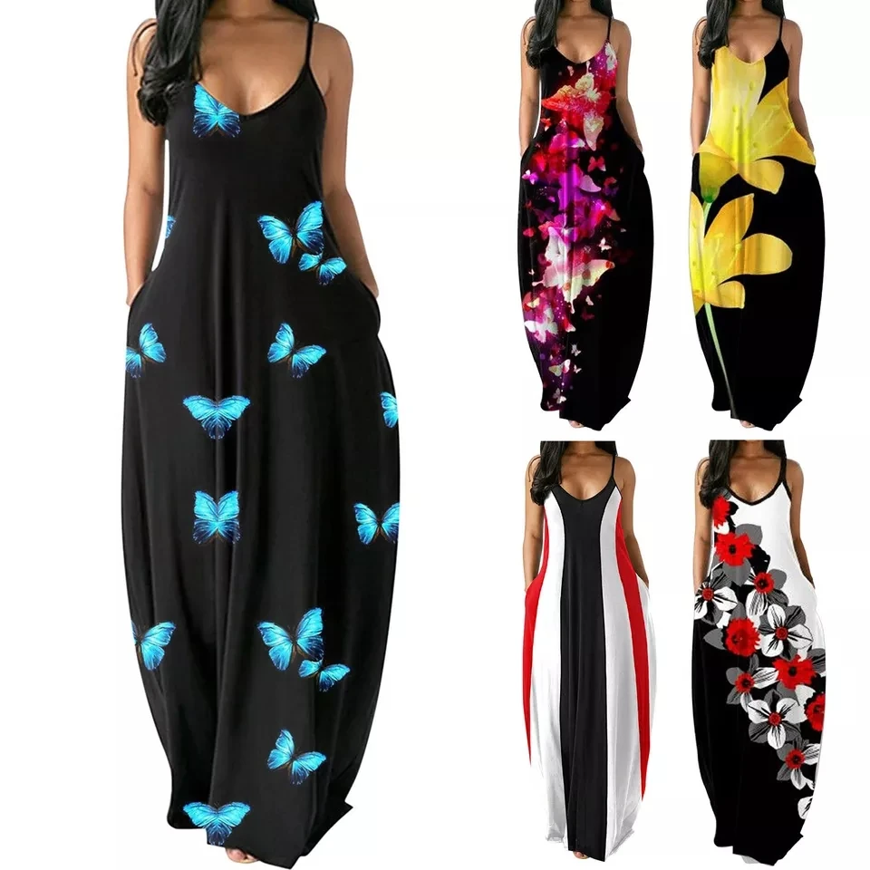 
 2021 Custom Fashion O Neck Summer Suspender Dress Women elegant Casual Dress With Pocket Loose Plus Size Women Dresses  