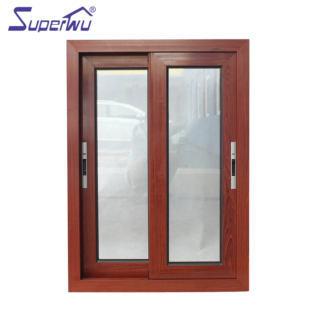 Wooden grain timber finished tempered glass aluminum frame sliding windows