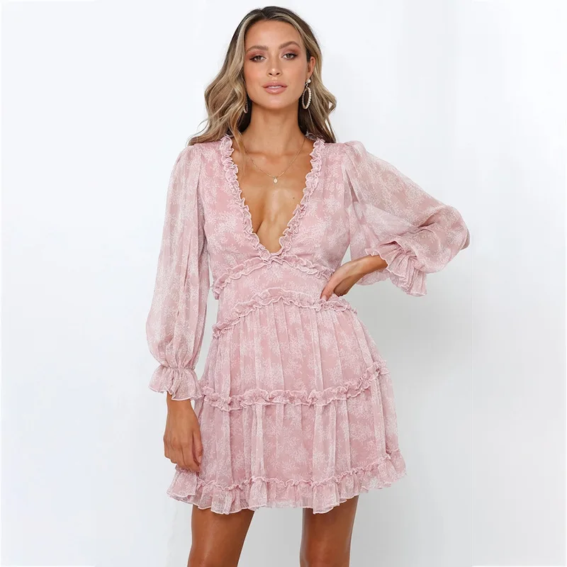 Womens Spring Summer Long Sleeve Deep V Neck Ruffle Long Sleeve Floral Print Mini casual Dress women