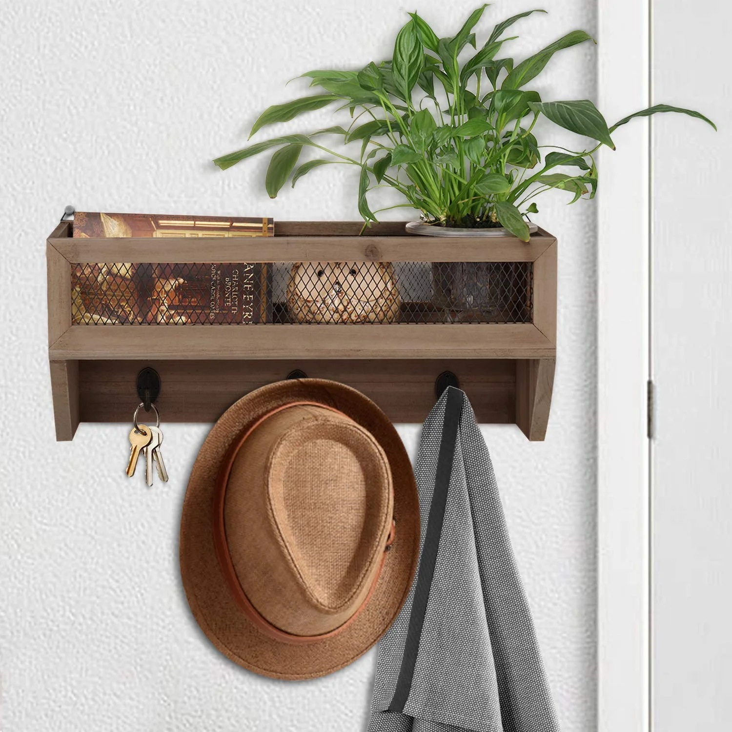 Entryway Organizer w Key Hooks - Key Rack w Shelf, Rustic Wooden Wall-Mount Mail Letter Holder w  3 Coat Hooks, Metal Wire Mesh