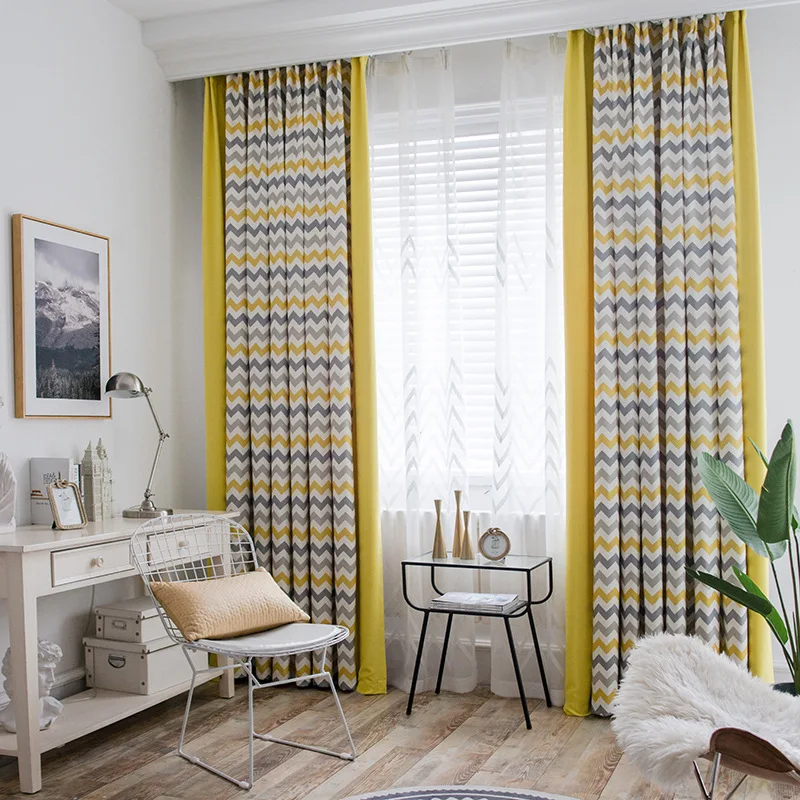 Latest Curtain Fashion Designs Polyester Curtain Modern Wave Geometry Striped Yellow Curtain For Bedroom
