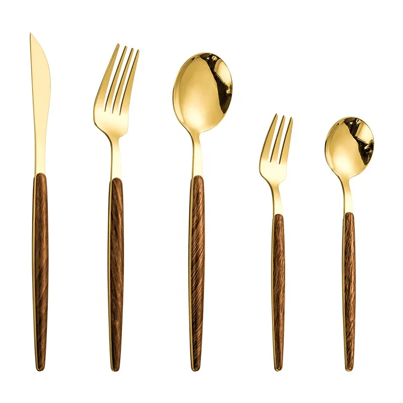 Bulk Gold Plated Stainless Steel Cutlery Set with Imitated Wood Handle Kitchen Fork Spoon Knife Cutlery