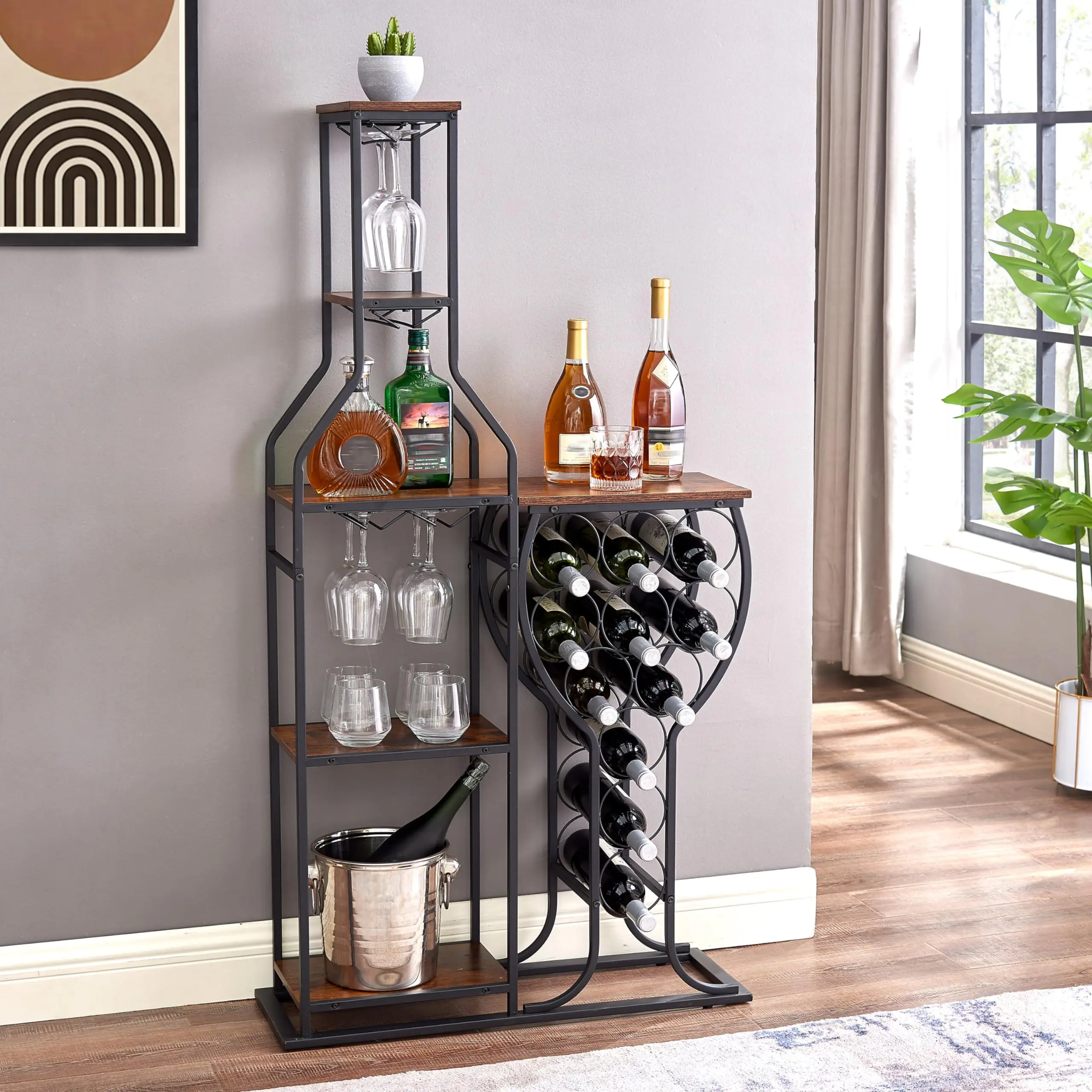 Home Bar Kitchen Dining Room 11-Bottles Wine Bakers Rack Hanging Glass Holder 5-Tier Freestanding Storage Shelves