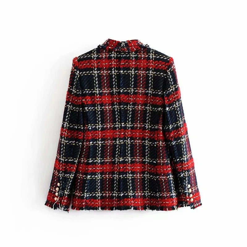 Fashion Za Vintage Women Patchwork Plaid Tweed Jacket Double Breasted Pocket Long Sleeve Female Coat Casaco Femme Blazerfenimino
