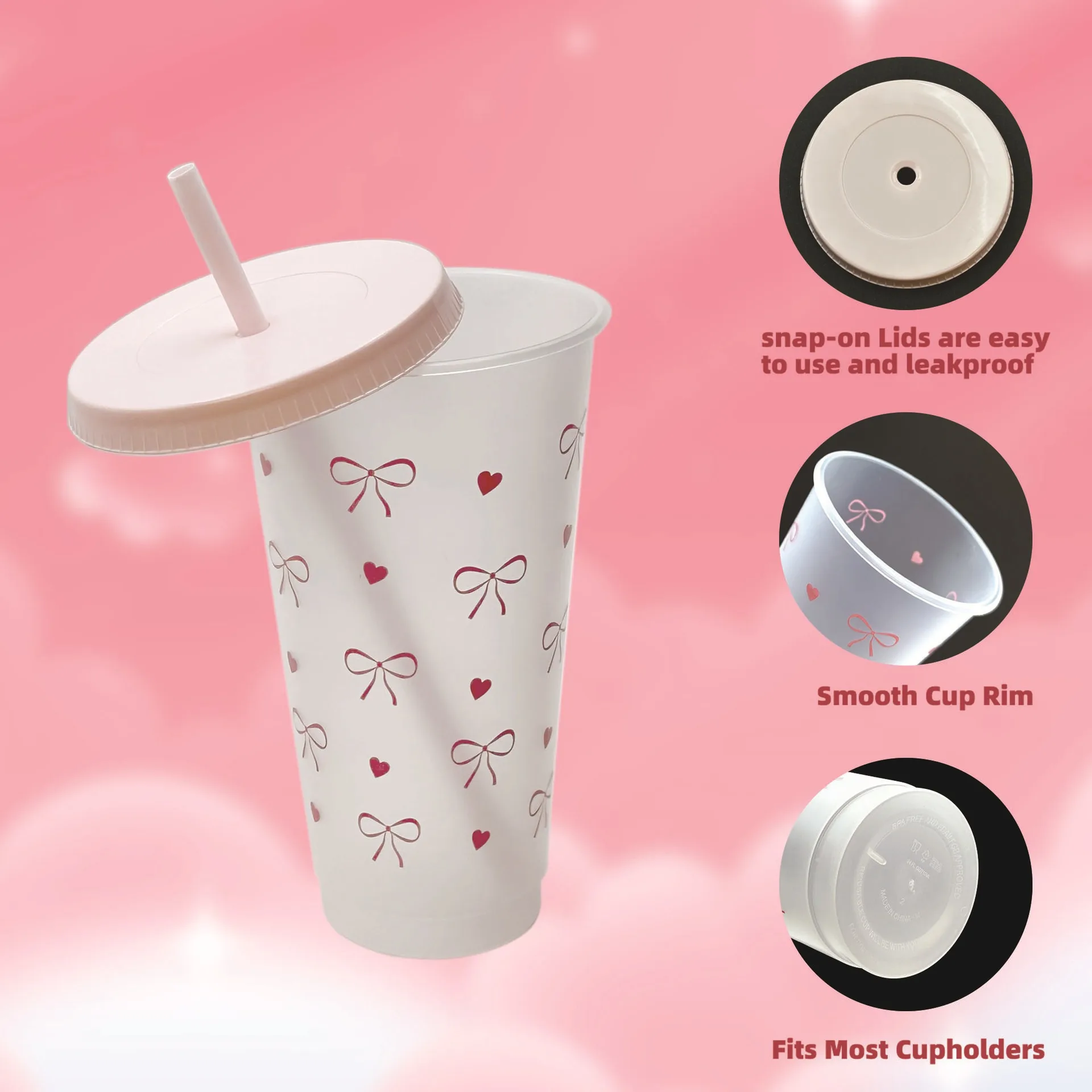 Promotion Stadium Pink Bow Plastic Cup With Lid And Straw Reusable Clear Cup