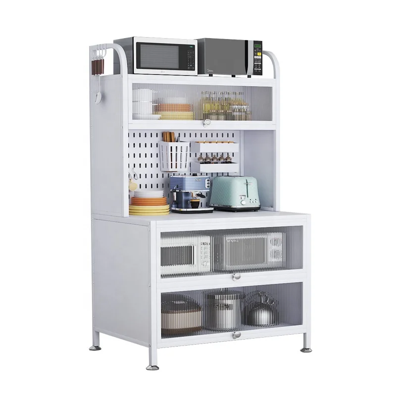 Coffee Bar Cabinet Bakers Rack Microwave Stand/Cart Kitchen Storage Shelves with Transparent Flip Switch Door