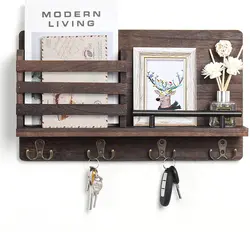 Wooden Mail and Key Holder for Wall Decorative  Rustic Wall Mounted Mail Organizer with 4 Double Key Hooks and 1 Mail Sorter - P