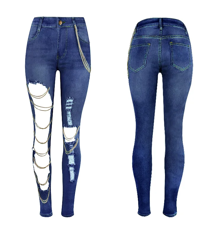 Fenyway  New arrival women skinny chain blue pencil pants fashion ladies ripped jeans