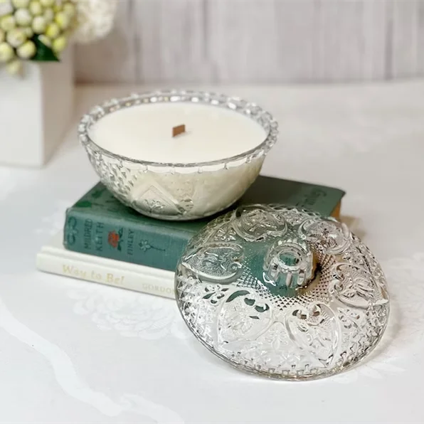 Crystal handmade Glass Candle Holderstick Luxury Empty Round Ribbed Geo Cut Candy Gift Storage Glass Candle Jars with Glass Lid