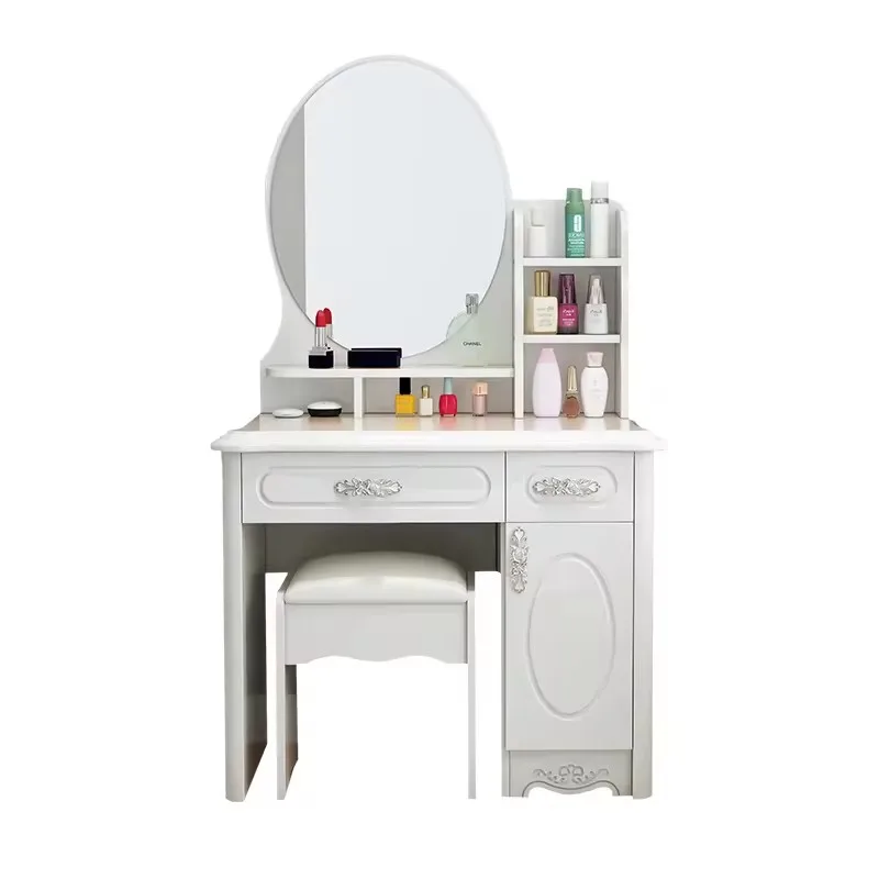 Dressing Table European Small Makeup Table with Oval Mirror and 2 Drawers and Door for Bedroom Dressing Room White