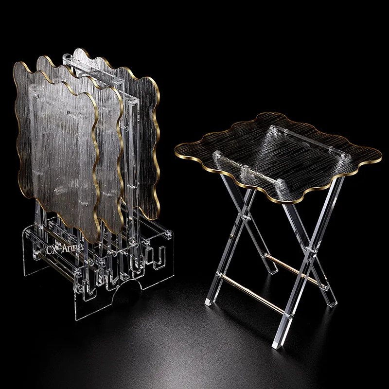 Competitive Price 5/7mm Top Snack Coffee Tea Tray Table Set  Clear Acrylic Portable Folding Tray Table With Gold Rim
