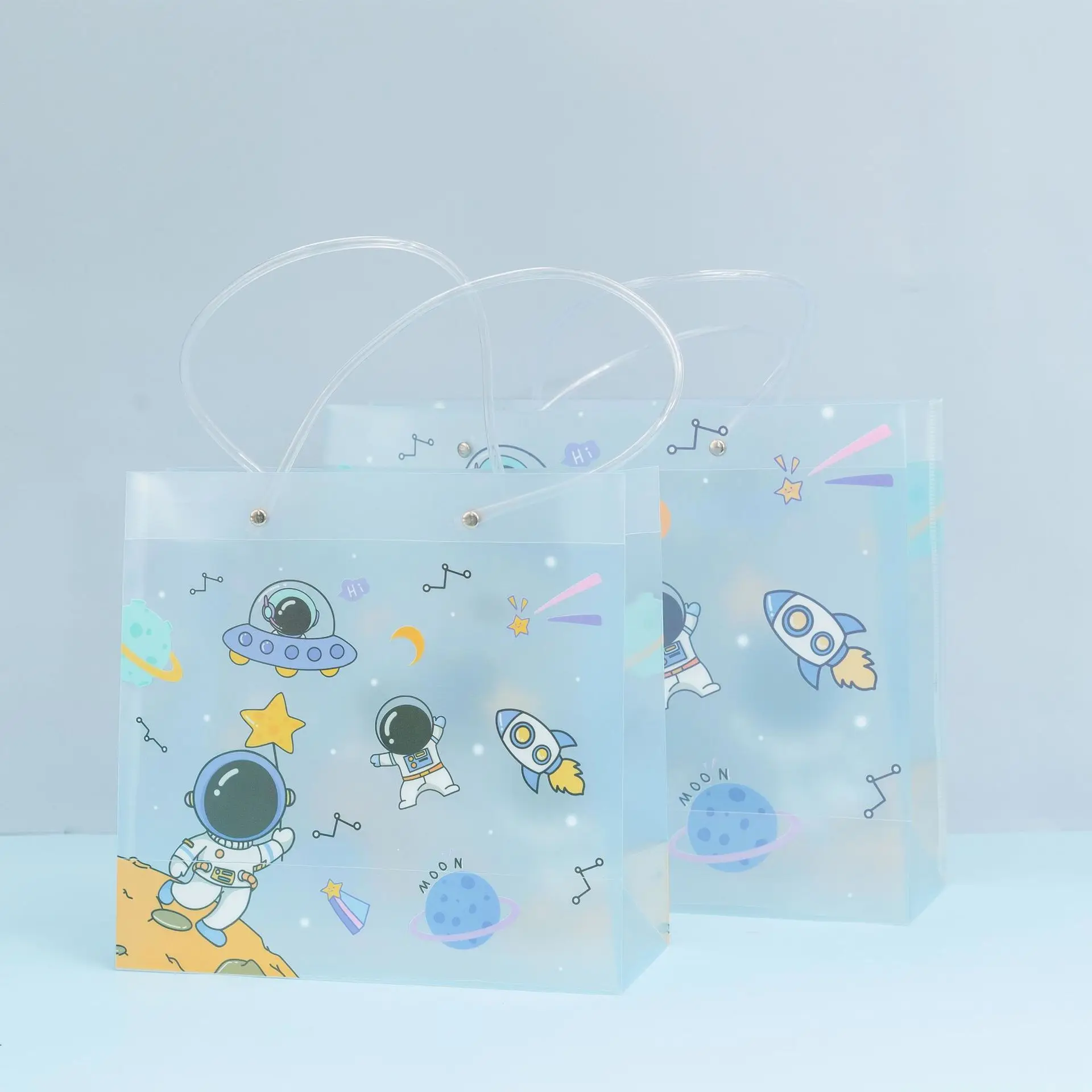 Custom Outer Space Gift Bags Clear Reusable Plastic Christmas Gift Wrap Tote Bags with Handle for Kids Boys Girls