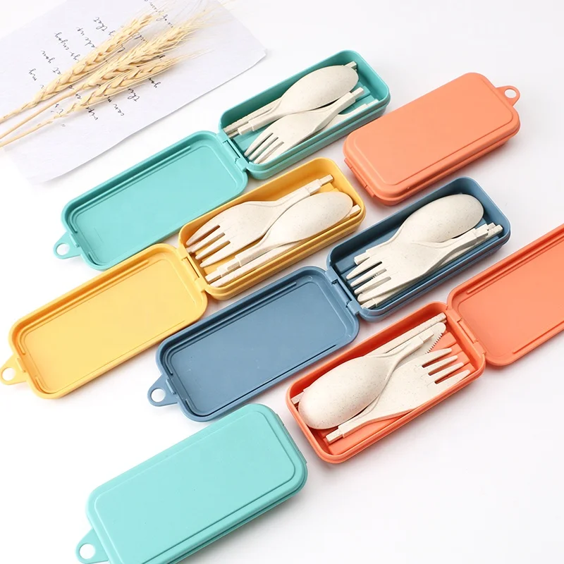 Camping Travel wheat straw foldable fork and spoon set Portable Wheat Straw Cutlery Set With Case for outdoor
