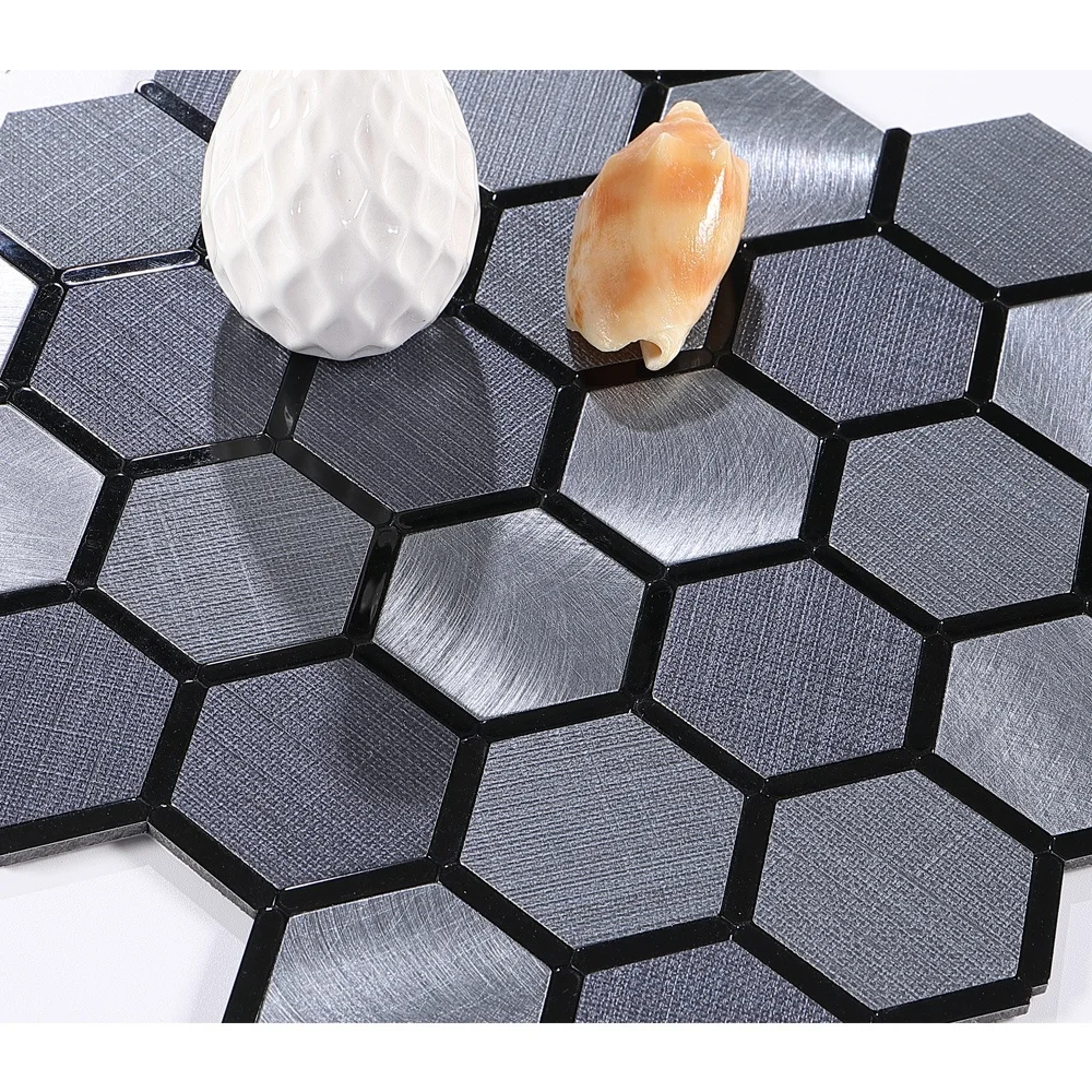 Ready to ship grays hexagon mosaic inlayed with mirror aluminium strips self adhesive kitchen tile
