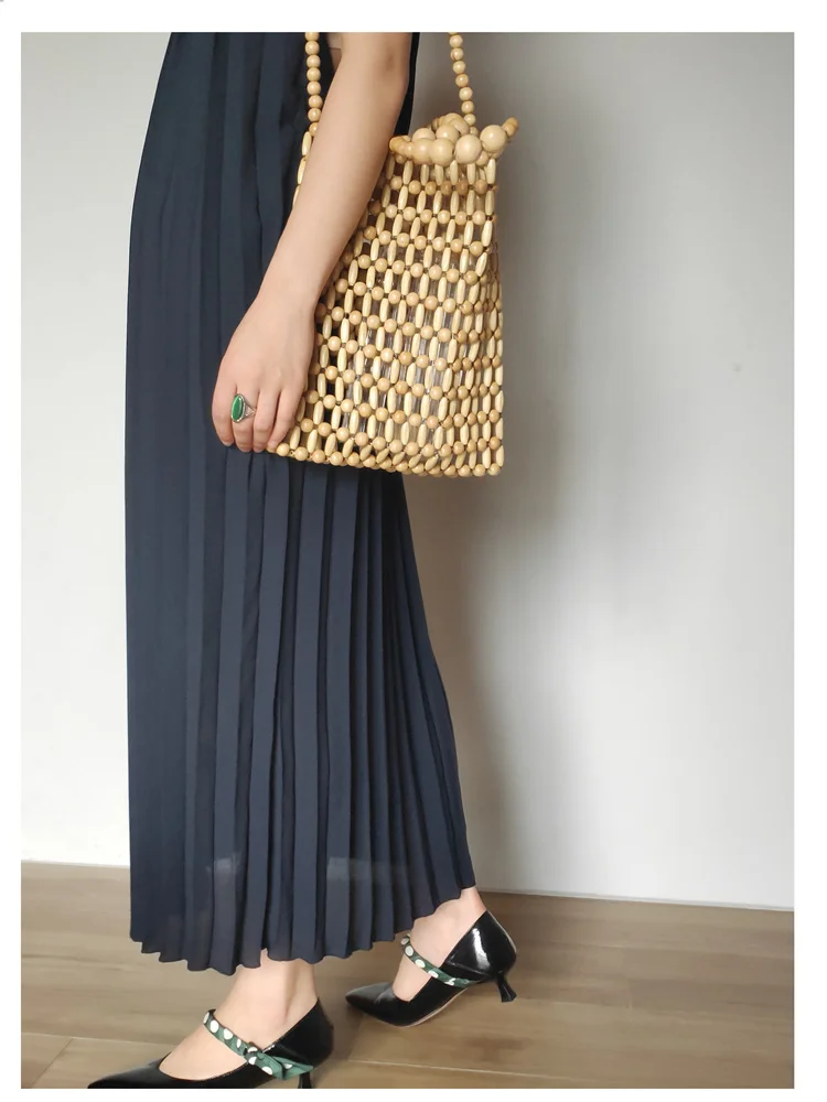 wood bead woven handbag creative DIY wholesale vintage beach bag handmade beaded woven ladies bags