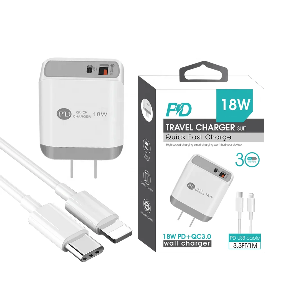 PD Wall Charger Dual Port USB Type C and USB A ports Travel AC Adapter 18W Mobile Phone Fast Wall Charger  USB-C Power Adapter