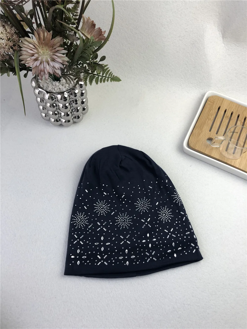 Women Winter Faux Fur Lined Jersey Rhinestones Studded Beanie Muslim Israeli Thick Pattern Print Slouchy Hat with Stones