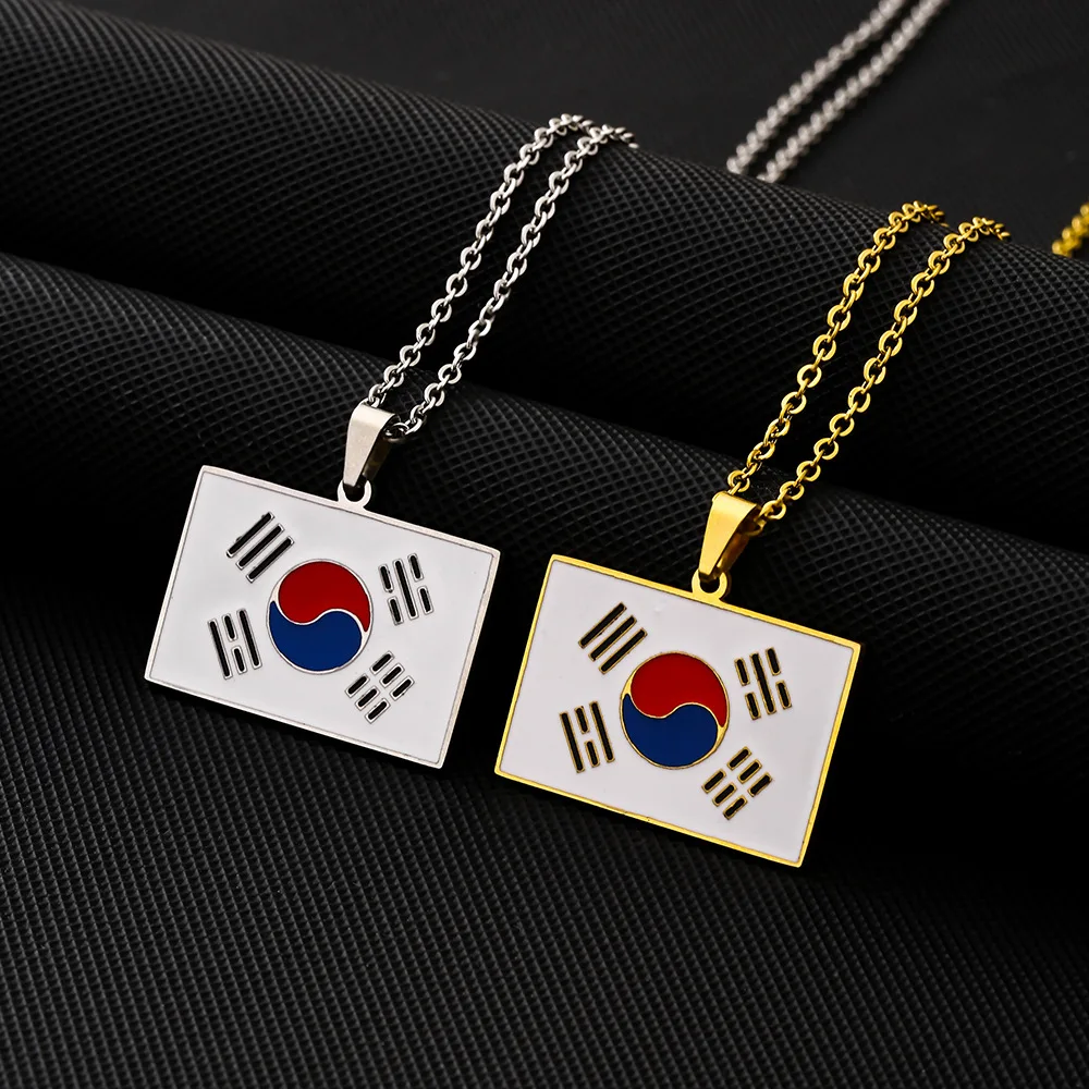 Korean Republic of Korea Map Chain Necklace Stainless Steel 18K Gold Plated South Korea National Country Flag Pendant Necklace