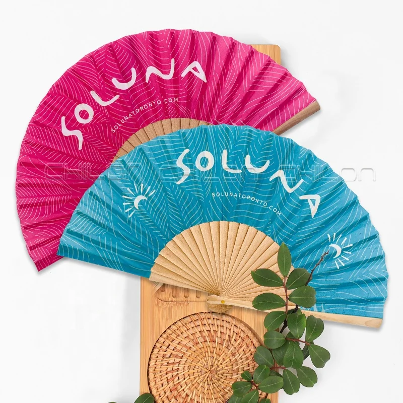 Custom Printed Folding Fan Foldable Wood Fabric Hand Fan