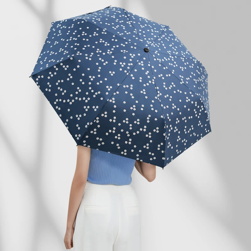Silver Uv Protection Customised Print Flower Pattern Three Folding Umbrella With Pu Leather J Handle Folding Umbrella